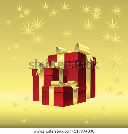 Vector Christmas gold background - red gift box with gold ribbon bow