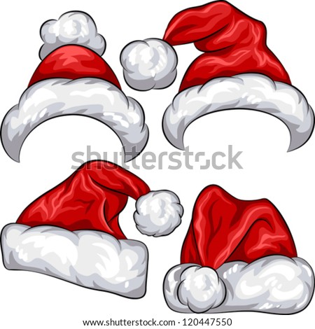 Vector set red Christmas Santa Claus hats isolated on white background Vector set red Christmas Santa Claus hats isolated on white background