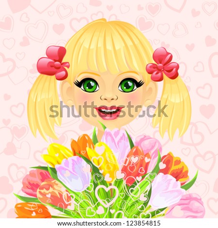 vector pink valentine card with a beautiful little girl with a big bouquet of flowers tulips on the background of hearts