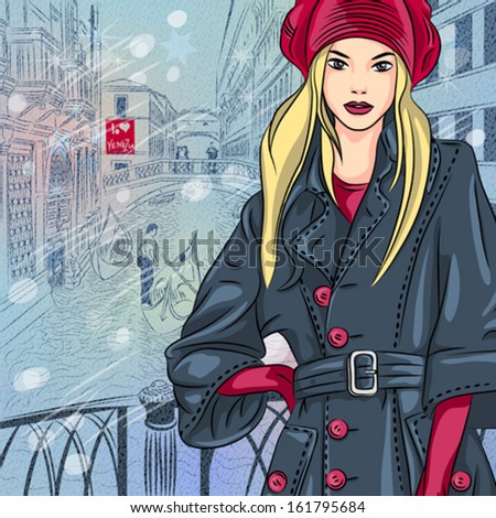 Vector winter Christmas color sketch with beautiful fashion girl on the Bridge of Sighs in Venice Vector winter Christmas color sketch with beautiful fashion girl on the Bridge of Sighs in Venice