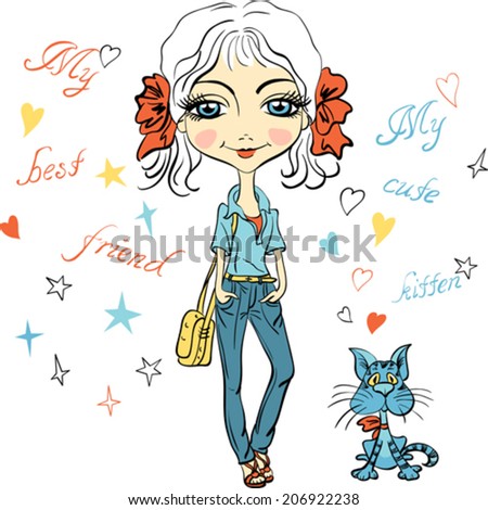 Vector Pretty fashion girl with bows bag and with cute kitten Vector Pretty fashion girl with bows bag and with cute kitten