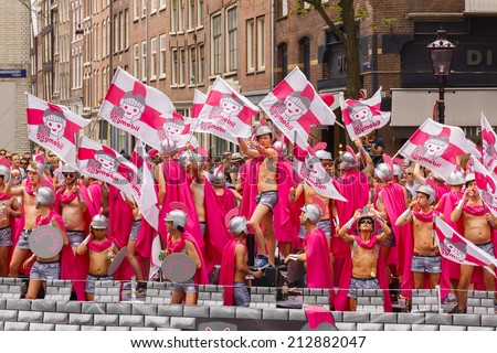 Amsterdam, Netherlands - August 2, 2014: Chariot of Julius Caesar Gaymobil at the famous Canal Parade of the Amsterdam Gay Pride 2014. Every year the parade is visited by more than 400000 people.