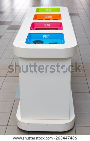 Waste sorting bins four colors for plastic, glas, papier and rest