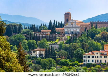Basilica San Miniato al Monte on the south bank of the River Arno, at morning from Palazzo Vecchio in Florence, Tuscany, Italy