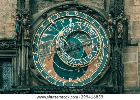 Prague Astronomical Clock, Orloj, in the Old Town Square, Czech republic. Toning in cool tones