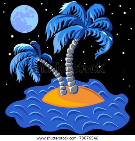 vector tropical landscape of the island in the ocean and two palm trees at noon