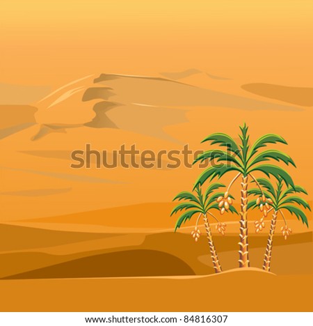 vector landscape with three palm trees against a background of brightly sunlit sandy desert