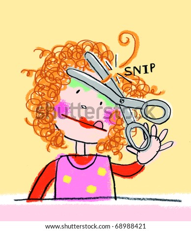Girl cutting curly hair with makeup, children\'s illustration