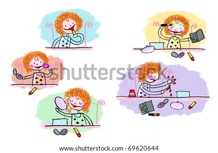 Girls puts on Mom\'s Makeup-- Child-like illustration