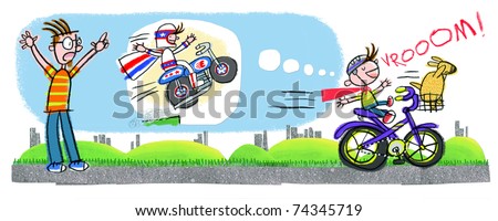 Dad Yelling at Speeding Boy on Bike-- Naive child-like art style
