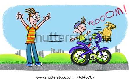 Dad Yelling at Reckless Boy on Bike-- Naive child-like art style