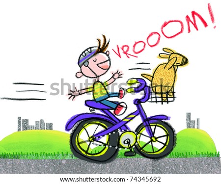 Reckless Boy on Bike--Naive Child-like Art Style