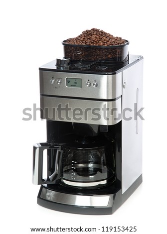 Espresso And Americano Coffee Machine Maker With Coffee Grinder On Top Isolated On A White ...
