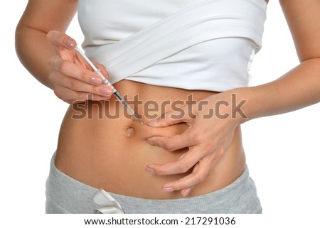 Diabetes insulin injection by syringe with dose of medicine subcutaneous abdomen vaccination shot isolated on a white background