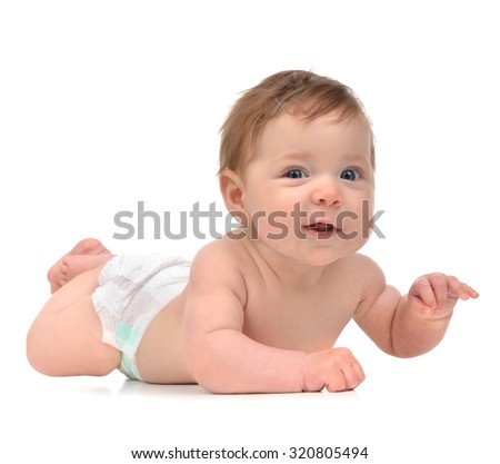 Four month Infant child baby girl in diaper lying happy smiling isolated on a white background