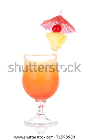 Tequila Sunrise cocktail with ice, triple sec, pineapple, cherry, cocktails umbrella, condensation isolated on a white background