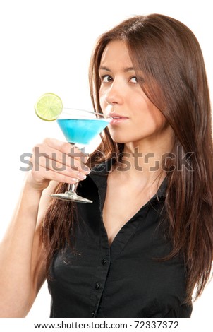 Pretty brunette lady holding popular blue tropical martinis