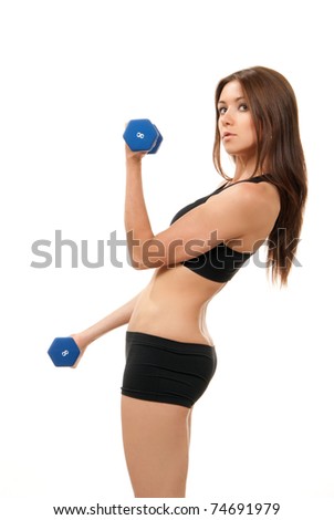 Fitness sexy woman on diet  work out with blue heavy jogging dumbbells weights and showing muscular abs, arms, legs isolated on white background