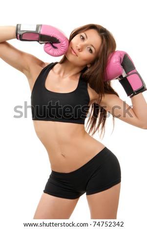 stock photo Beautiful Sexy Sport Boxing Woman in pink box gloves isolated 
