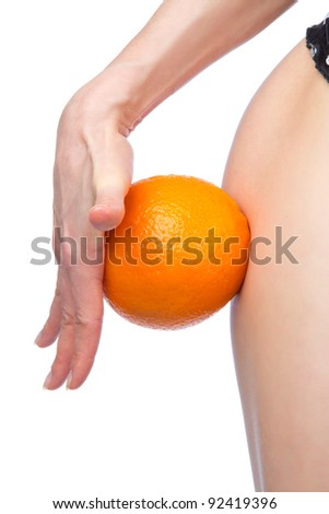 Hip and orange in hand cellulite liposuction weight loss control concept isolated against white background