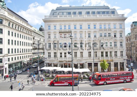 VIENNA, AUSTRIA - MAY 5: Hotel Sacher on May 5, 2014 in Vienna. In 1963 out of court settlement gave the Hotel Sacher the rights to offer The Original Sachertorte.