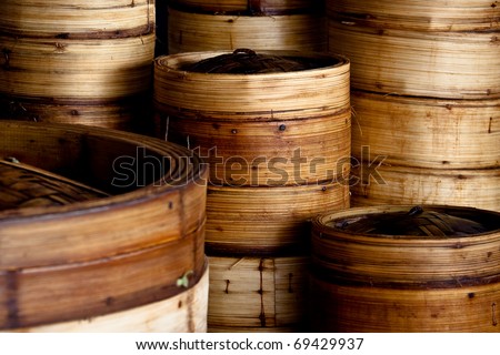 Stack of bamboo rice steamers