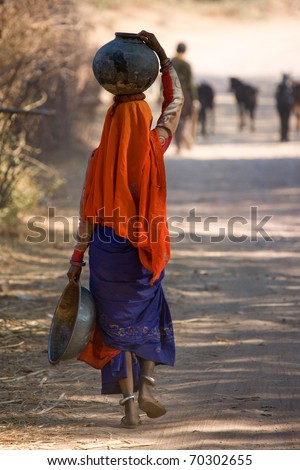 Indian woman walking home from the well with water carried in a pot on her head near Udaipur in India January 2007/Carrying water home in India