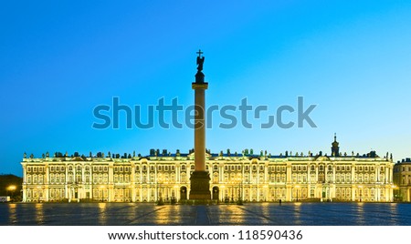 White nights in St.-Petersburg, Russia. Winter Palace of Russian tsars (Hermitage Museum) and Alexander Column on the Palace Square