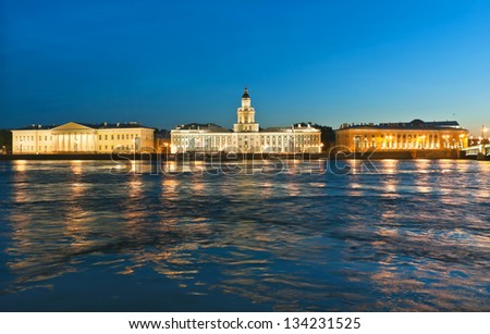 Neva river. University quay (Cabinet of Curiosities in the center) of Vasilevsky Island. White nights in Saint-Petersburg, Russia