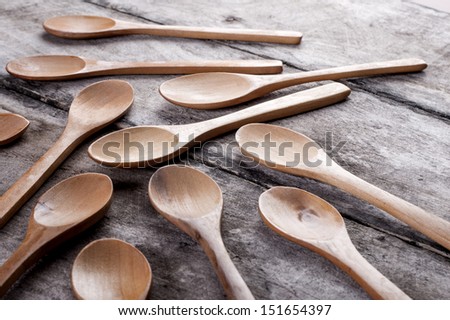 wooden spoons on old wooden background, close up