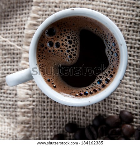 Overhead view of a freshly brewed mug of  black  coffee