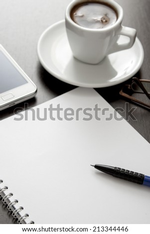 office desk composition with blank paper, close up