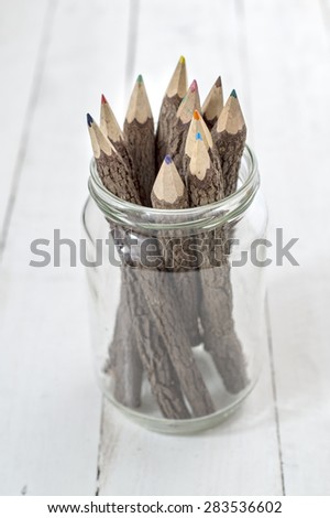 Group of bark covered branch multicolored pencils in glass jar