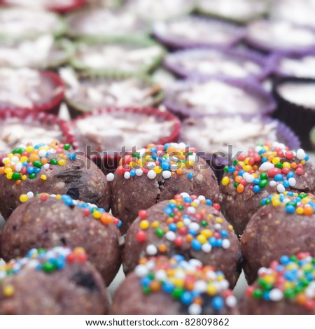 Background filled with colorful cakes and desserts,shallow depth of field