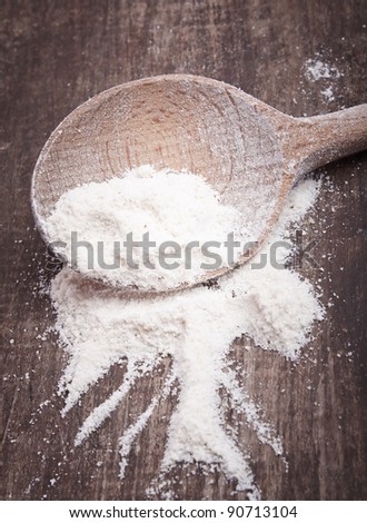 Close up photo of flour in a wooden spoon