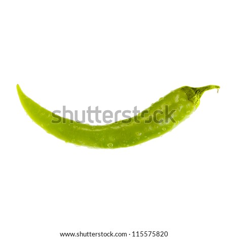 Fresh green hot chili pepper with water drops on it.