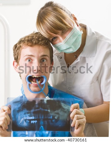 A dentist and her patient posing with funny facial expression.