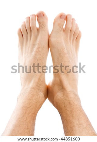 stock photo Male feet lifted isolated on white upper view