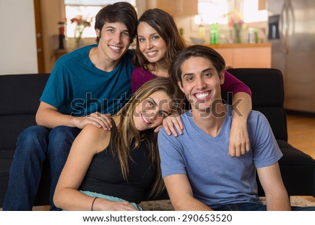 College friends gathered in group affection love and couples date night buddies