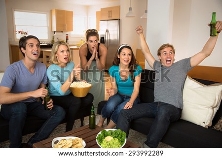 Sports friends fans cheering and celebrating exciting game on television