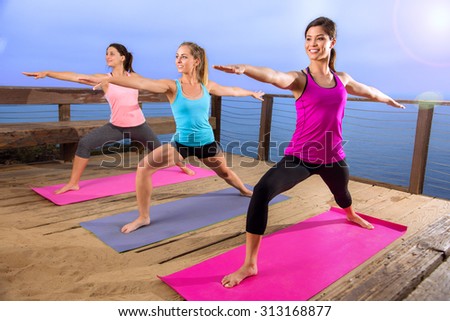 Yoga team pose in nature outdoors peaceful bright sunny day new modern colorful