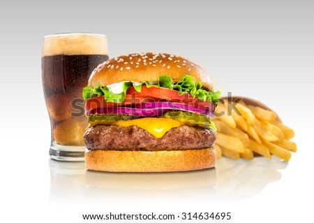 Hamburger fries and a coke soda pop cheeseburger combination deluxe fast food on gradient