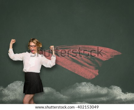 Superwoman nerd geek teacher student in blackboard drawing cape successful confident transformation space