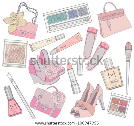 Women shoes, makeup and bags element set. Cosmetic product, footwear ...