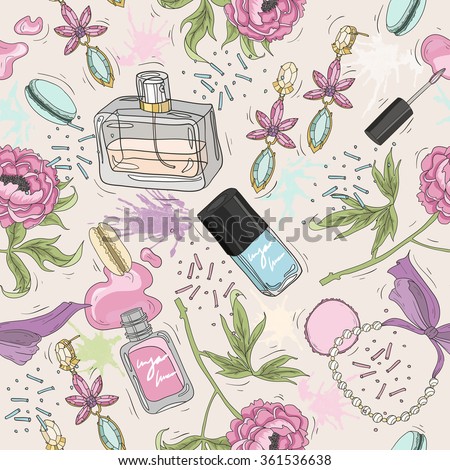Seamless beauty pattern with make up, perfume, nail polish, flowers, jewelry. beauty,   beauty,  beauty,  beauty,  beauty,  beauty,  beauty,  beauty,  beauty,  beauty,  beauty,  beauty Background