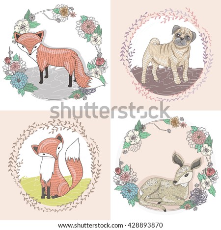 Cute little fox, deer and pug illustration set in floral frames. cute animal, cute animal, cute animal, cute animal , cute animal, cute animal, cute animal, cute animal, cute animal, cute animal,