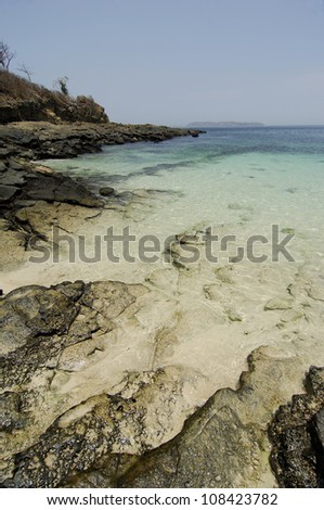 Rocky sea bed in Contadora island shore. Las Perlas Archipelago, Panama province, Panama, Central America.