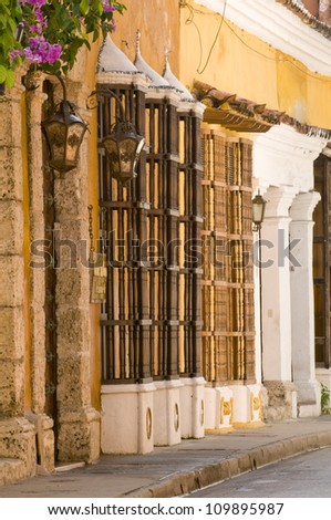 Colonial windows, Cartagena de Indias, Bolivar Department,, Colombia, South America.