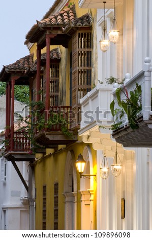 Colonial Balconies, Cartagena de Indias, Bolivar Department,, Colombia, South America.