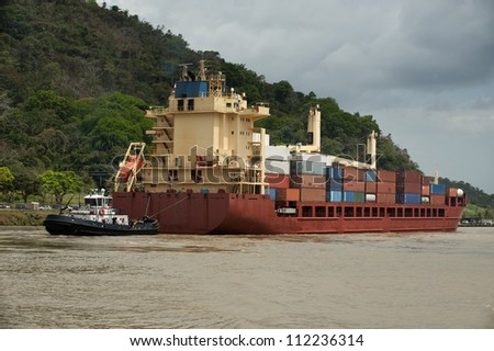A cargo ship is heading to the Atlantic side of the Panama Canal. Panama,Central America.